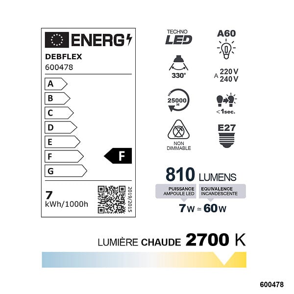DEBFLEX - AMPOULE A60 FILAMENT VERRE TRANSPARENT E27 7W 2700K 810LM - large