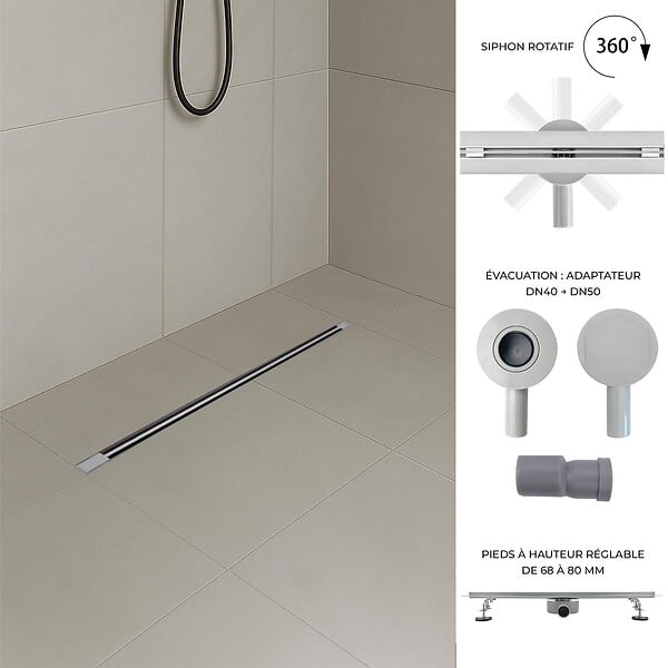 SANIVERRE - DEKI Caniveau de douche italienne slim L.70 cm acier inoxydable avec siphon 360°, drainage performant - large