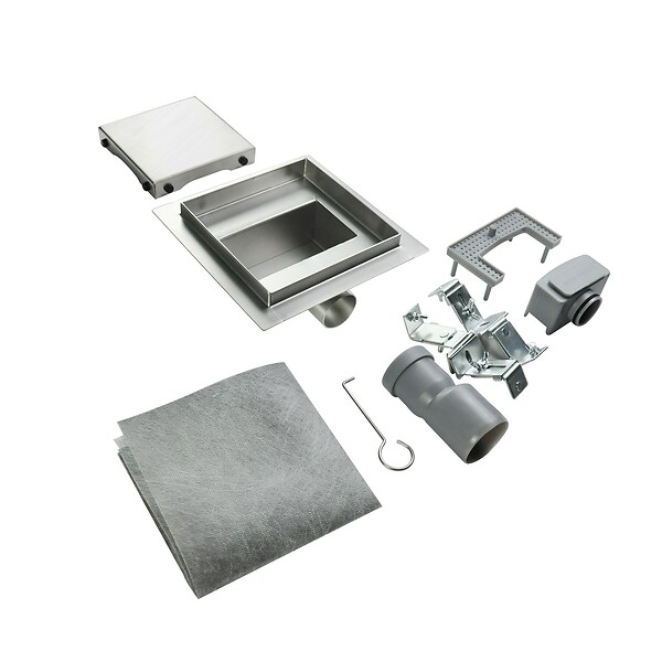 SANIVERRE - CARA Caniveau de douche carré inox 25 x 25 cm avec siphon anti-odeurs, drainage 36l/min, hauteur réglable - large