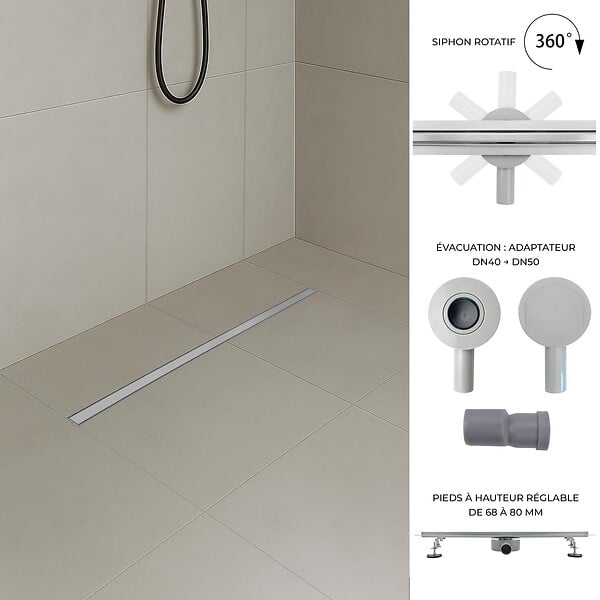 SANIVERRE - TIKA Caniveau de douche italienne compact L.50 cm acier inoxydable avec siphon 360°, drainage 36l/min - large