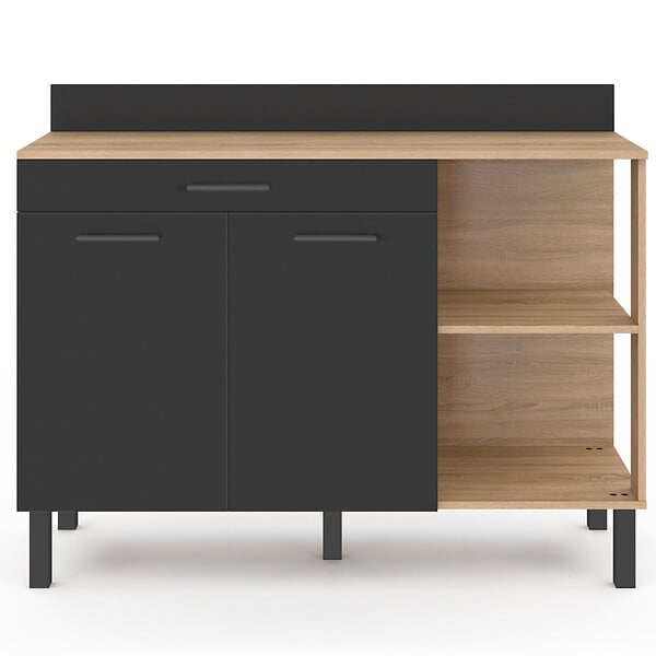 ID MARKET - Buffet bas de cuisine 120 CM CINA plan de travail H.83 cm 2 portes + tiroir façon hêtre et noir - large