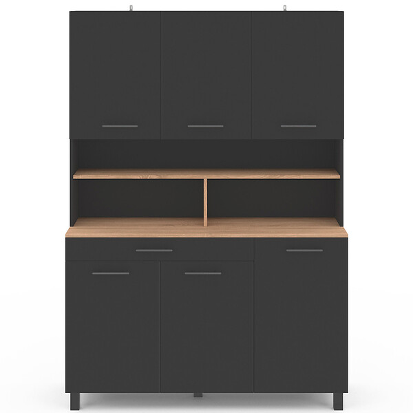 ID MARKET - Buffet de cuisine 120 cm CINA 6 portes + tiroir noir et plateaux façon hêtre - large