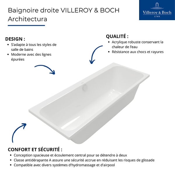 VILLEROY ET BOCH - Baignoire droite Architectura avec pieds 170 x 75 cm Blanc + Pare bain droite AURYS Mist 1 chromé - large