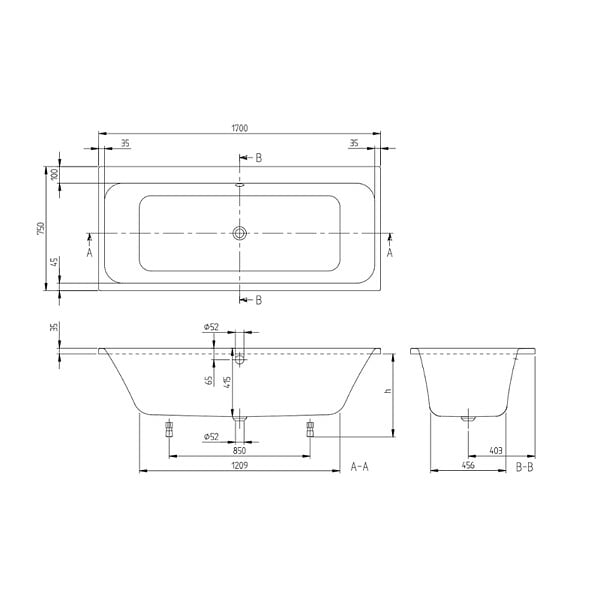 VILLEROY ET BOCH - Baignoire droite Architectura avec pieds 170 x 75 cm Blanc + Pare bain droite AURYS Mist 1 chromé - large