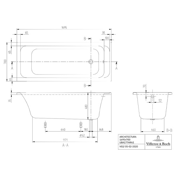 VILLEROY ET BOCH - Baignoire droite Architectura acrylique 170 x 70 cm  + Pare bain gauche AURYS Raywall chromé - large