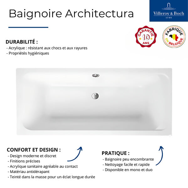 VILLEROY ET BOCH - Baignoire droite Architectura acrylique 170 x 80 cm  + Pare bain droite AURYS Mist 1 chromé - large