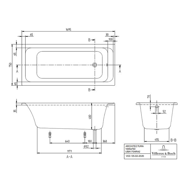 VILLEROY ET BOCH - Baignoire droite Architectura acrylique 170 x 75 cm  + Pare bain gauche AURYS Raywall chromé - large
