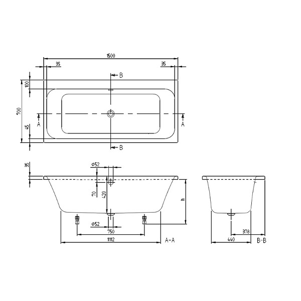 VILLEROY ET BOCH - Baignoire droite Architectura avec pieds 150 x 70 cm Blanc + Pare bain droite AURYS Mist 1 chromé - large