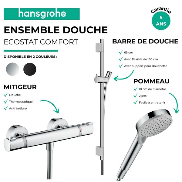HANSGROHE - Pack mitigeur douche thermostatique Ecostat Comfort + Barre Unica S Puro + flexible + Pommeau Vernis Blend Vario chromé - large