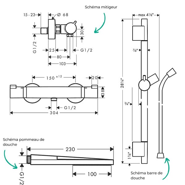 HANSGROHE - Pack mitigeur douche thermostatique Ecostat Comfort + Barre Unica S Puro + flexible + Pommeau Pulsify E chromé - large