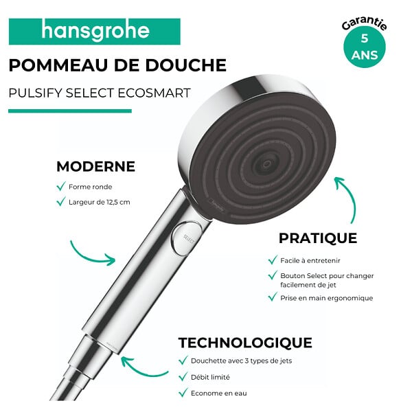 HANSGROHE - Pommeau de douche Pulsify Select EcoSmart 105 3 jets relaxation + Flexible 160 cm Designflex Bronze brossé - large
