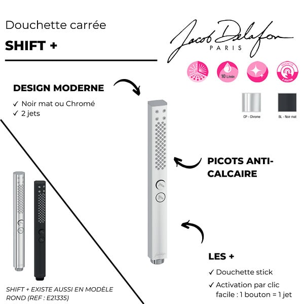 JACOB DELAFON - Pommeau de douche Shift+ carré 2 jets noir mat + flexible + support - large