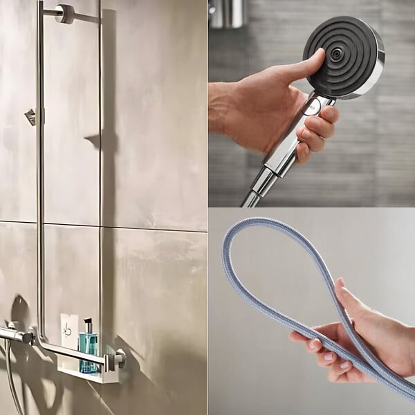 HANSGROHE - Barre de douche PMR Unica 110 poignée à droite Chromé + Pommeau de douche Pulsify 3 jets + flexible Designflex 160cm - large