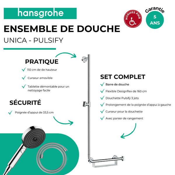 HANSGROHE - Barre de douche PMR Unica 110 poignée à droite Chromé + Pommeau de douche Pulsify 3 jets + flexible Designflex 160cm - large