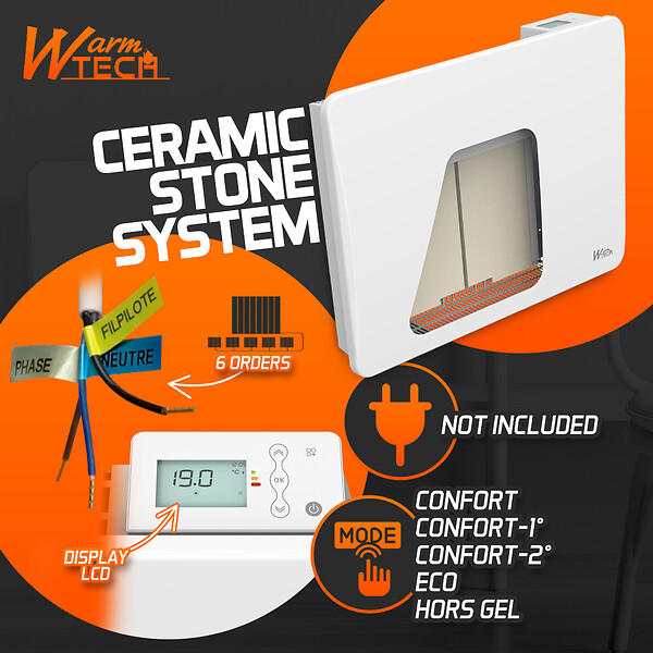 WARMTECH - Radiateur inertie céramique 1000 W - IP24 - Fil pilote 6 ordres - large