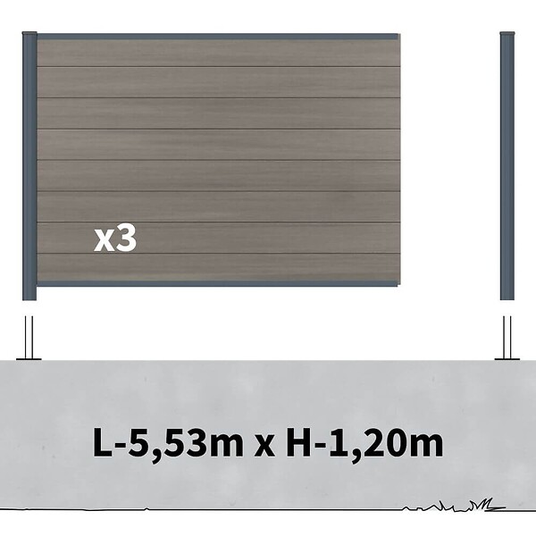DECKLINEA - Kit clôture composite sur muret poteau sur platines - CRUZ Argent H-1,2m - large