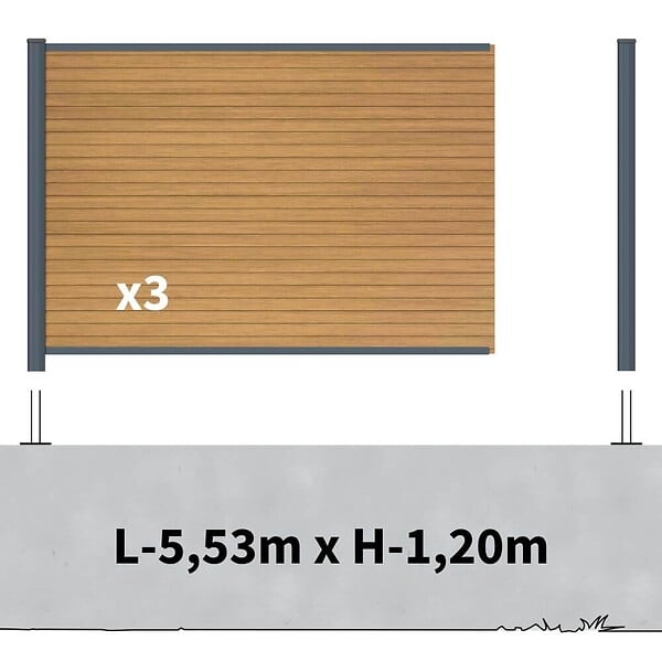 DECKLINEA - Kit clôture composite sur muret poteau sur platines - SANTOS Cèdre H-1,2m - large
