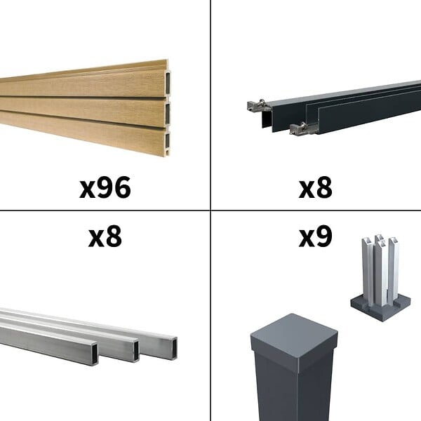 DECKLINEA - Kit clôture composite poteau sur platines - SANTOS Cèdre H-1,8m - large