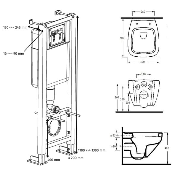 SIAMP - Pack WC suspendu gain de place bati siamp autoportant universel + cuvette avec bride Almeria - large