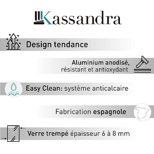 KASSANDRA - Paroi de douche fixe FRESH PERIMETRAL noire verre cannelé 90 cm - large