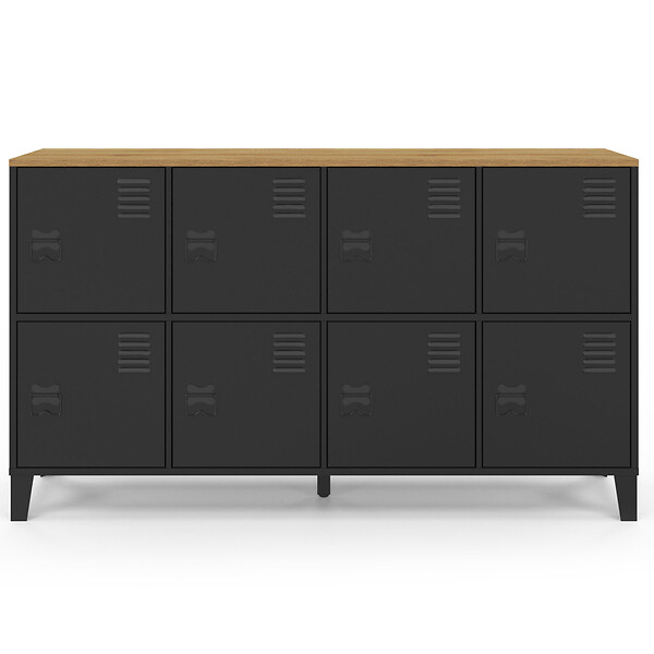 ID MARKET - Buffet casier 139 cm ESTER 8 portes en métal noir plateau bois design industriel - large