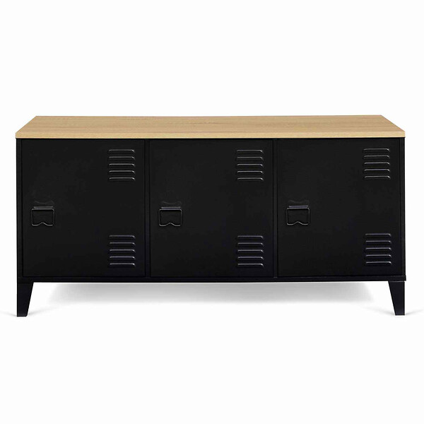 ID MARKET - Buffet bas 113 cm ESTER 3 portes métal noir plateau bois design industriel - large