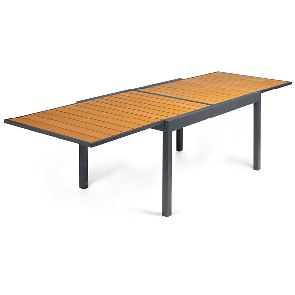 ID MARKET - Salon de jardin POLY table extensible 135-270 CM et 12 chaises bois et gris foncé - large