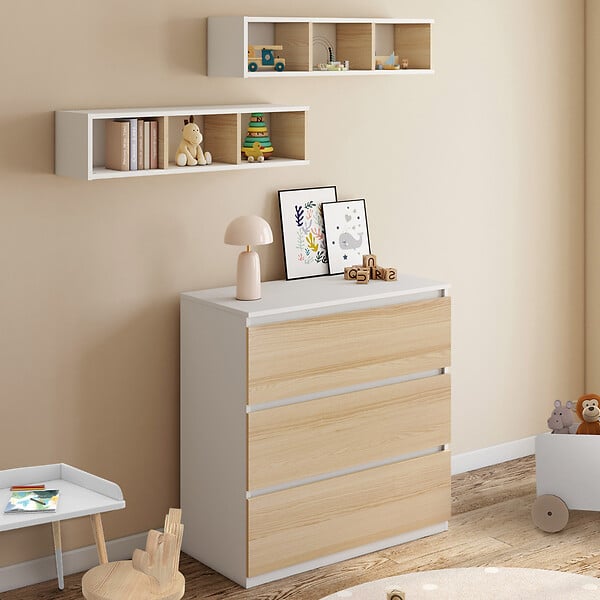 ID MARKET - Commode à langer évolutive AMBRE façon hêtre et blanc 3 tiroirs table à langer et 2 étagères amovibles - large