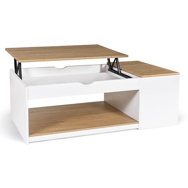 ID MARKET - Table basse plateau relevable rectangulaire ELEA avec coffre bois blanc et façon hêtre - large