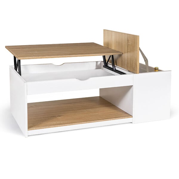 ID MARKET - Table basse plateau relevable rectangulaire ELEA avec coffre bois blanc et façon hêtre - large
