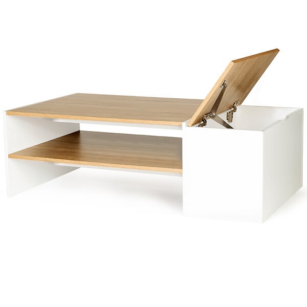 ID MARKET - Table basse bar contemporaine rectangulaire IZIA avec coffre blanc et plateaux bois - large