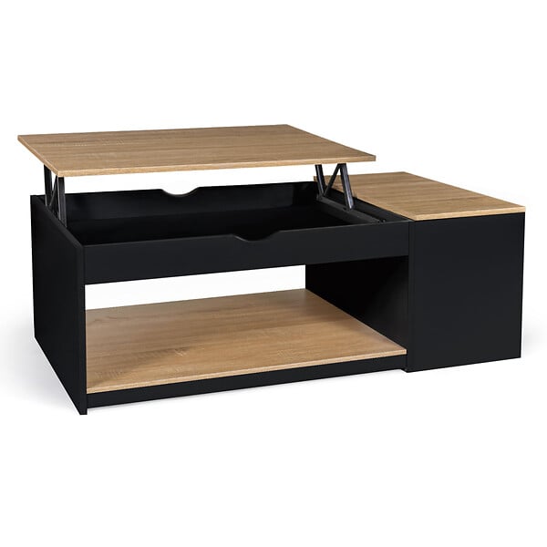 ID MARKET - Table basse plateau relevable rectangulaire ELEA avec coffre bois noir et façon hêtre - large