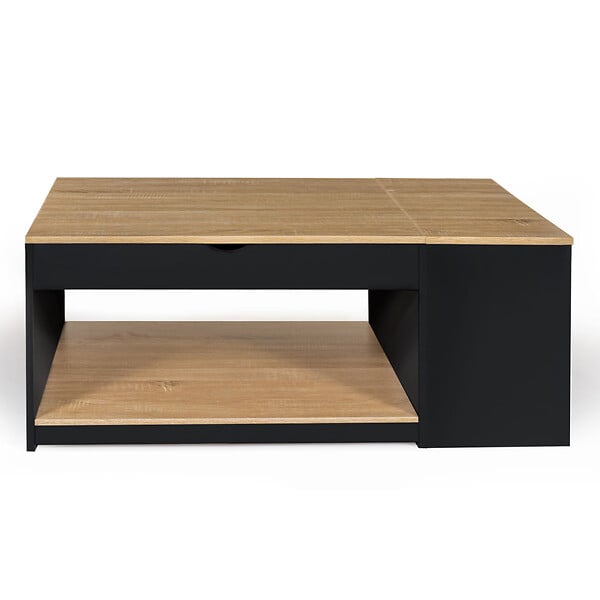 ID MARKET - Table basse plateau relevable rectangulaire ELEA avec coffre bois noir et façon hêtre - large