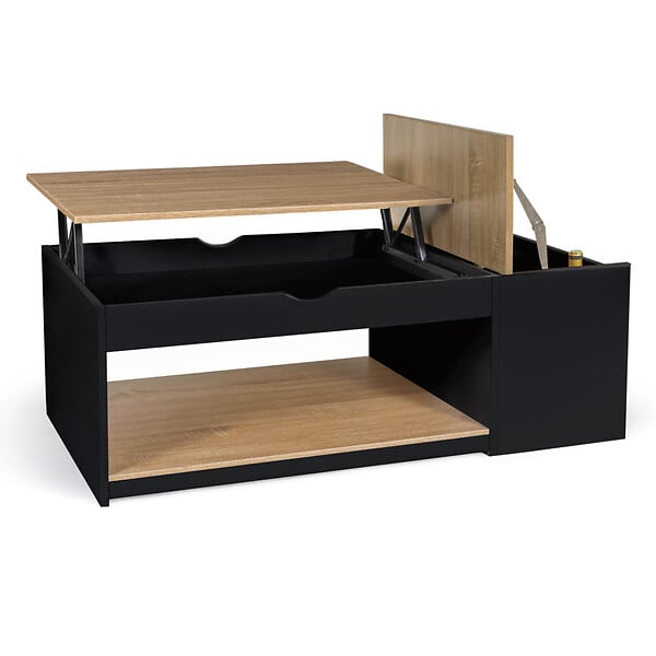 ID MARKET - Table basse plateau relevable rectangulaire ELEA avec coffre bois noir et façon hêtre - large