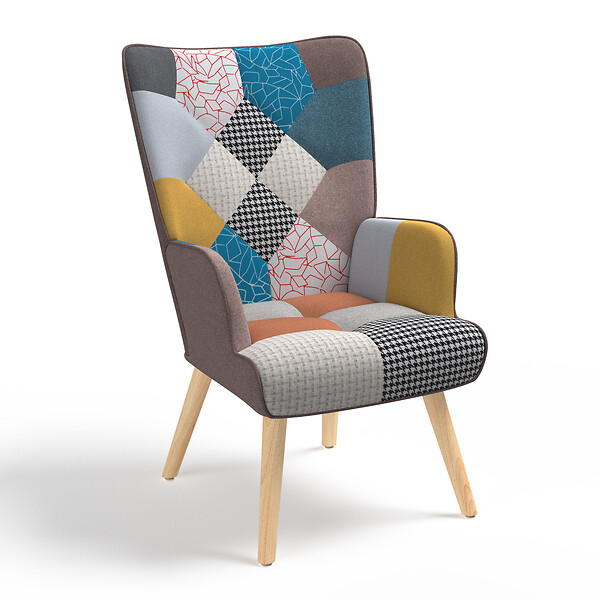 ID MARKET - Fauteuil scandinave IVAR en tissu patchwork multicouleurs - large
