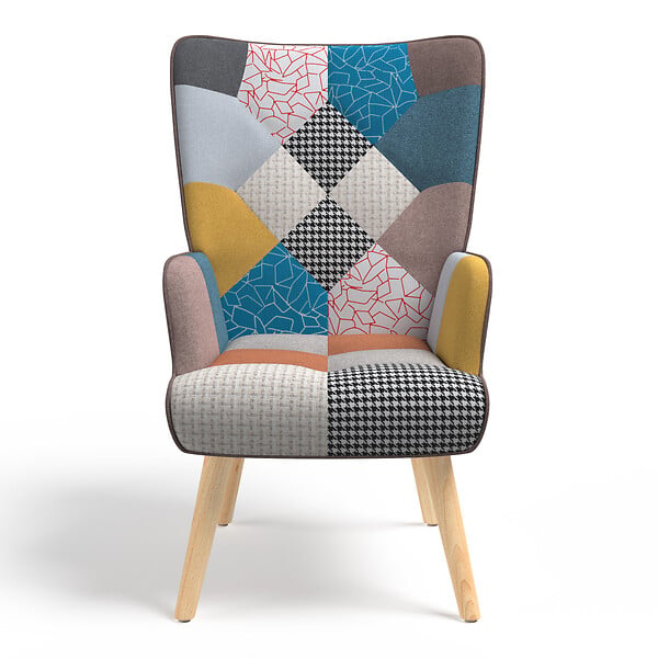 ID MARKET - Fauteuil scandinave IVAR en tissu patchwork multicouleurs - large