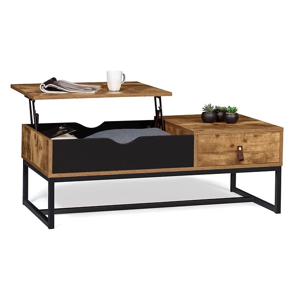 ID MARKET - Table basse plateau relevable rectangulaire CHICAGO 1 tiroir design industriel - large
