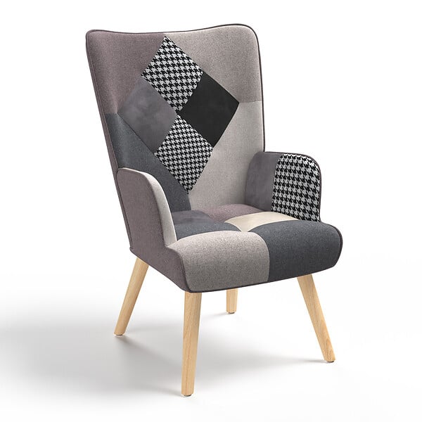 ID MARKET - Fauteuil scandinave IVAR en tissu patchwork noir, gris et blanc - large