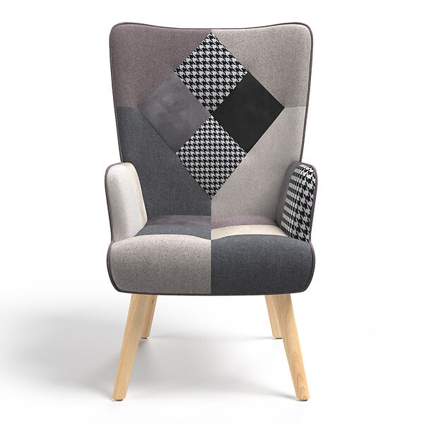 ID MARKET - Fauteuil scandinave IVAR en tissu patchwork noir, gris et blanc - large