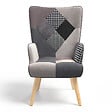 ID MARKET - Fauteuil scandinave IVAR en tissu patchwork noir, gris et blanc - vignette