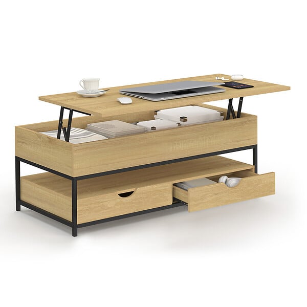 ID MARKET - Table basse plateau relevable rectangulaire DETROIT avec 2 tiroirs design industriel - large