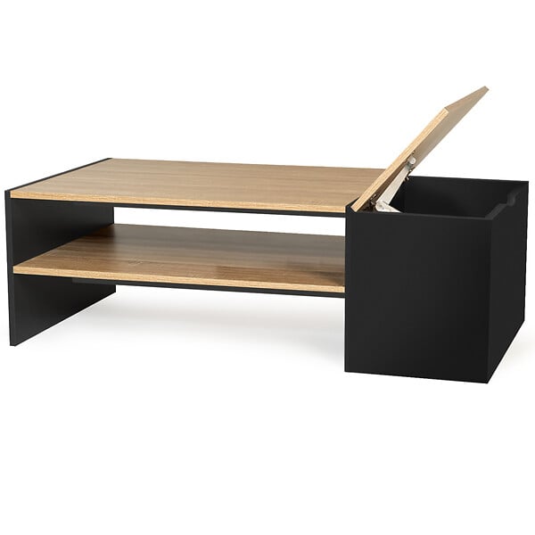 ID MARKET - Table basse bar contemporaine rectangulaire IZIA avec coffre noir et plateaux bois - large
