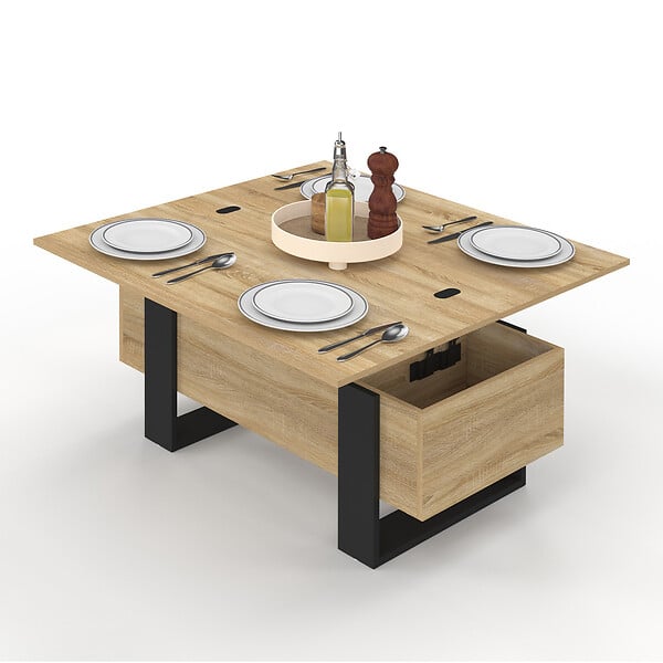 ID MARKET - Table basse plateau relevable rectangulaire convertible en table à manger PHOENIX 97,5 cm bois et noir - large