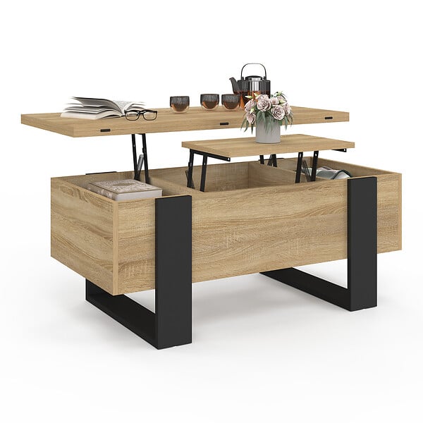 ID MARKET - Table basse plateau relevable rectangulaire convertible en table à manger PHOENIX 97,5 cm bois et noir - large