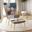 ID MARKET - Fauteuil scandinave IVAR avec repose pieds en tissu patchwork multicouleurs - vignette