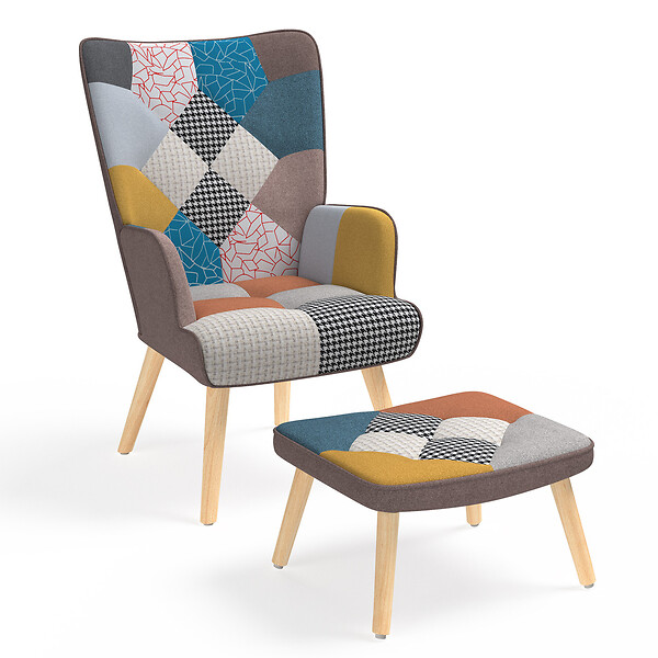 ID MARKET - Fauteuil scandinave IVAR avec repose pieds en tissu patchwork multicouleurs - large
