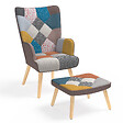 ID MARKET - Fauteuil scandinave IVAR avec repose pieds en tissu patchwork multicouleurs - vignette