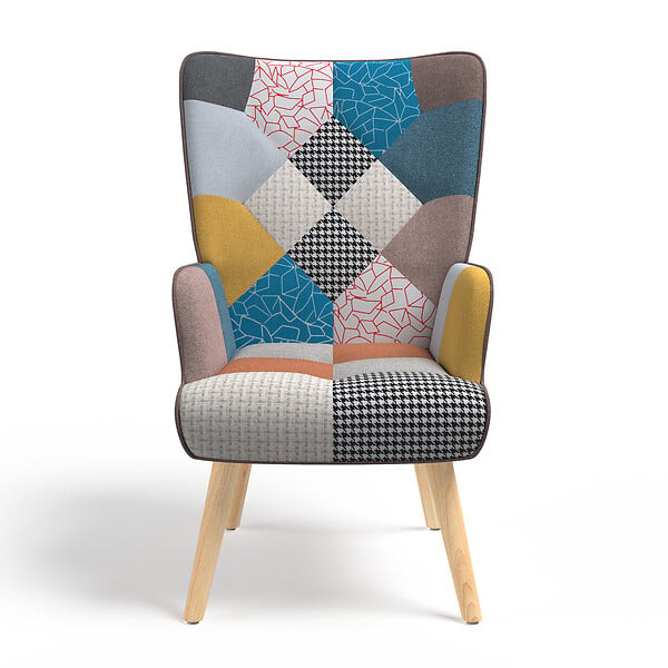 ID MARKET - Fauteuil scandinave IVAR avec repose pieds en tissu patchwork multicouleurs - large