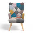 ID MARKET - Fauteuil scandinave IVAR avec repose pieds en tissu patchwork multicouleurs - vignette