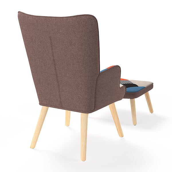 ID MARKET - Fauteuil scandinave IVAR avec repose pieds en tissu patchwork multicouleurs - large